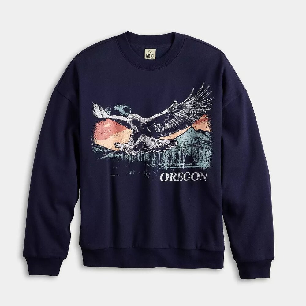 Men's Oregon Mountain Range Sunset Eagle Fleece Sweatshirt, Size: XXL, Blue